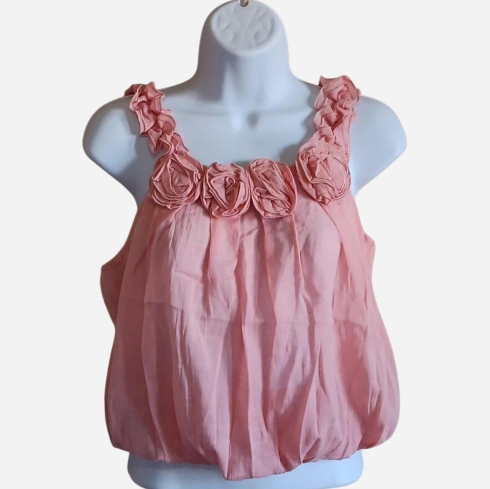 Pink Whimsical Fairy Floral Tank Top, Sheer, 3D Roses, 100% Cotton, Womens Small